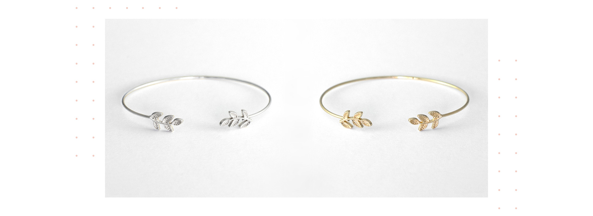 silver and gold bracelets with leaf