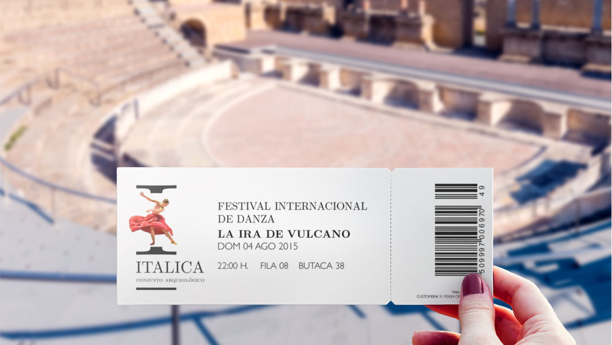 mockup ticket design with a Roman Theatre as background